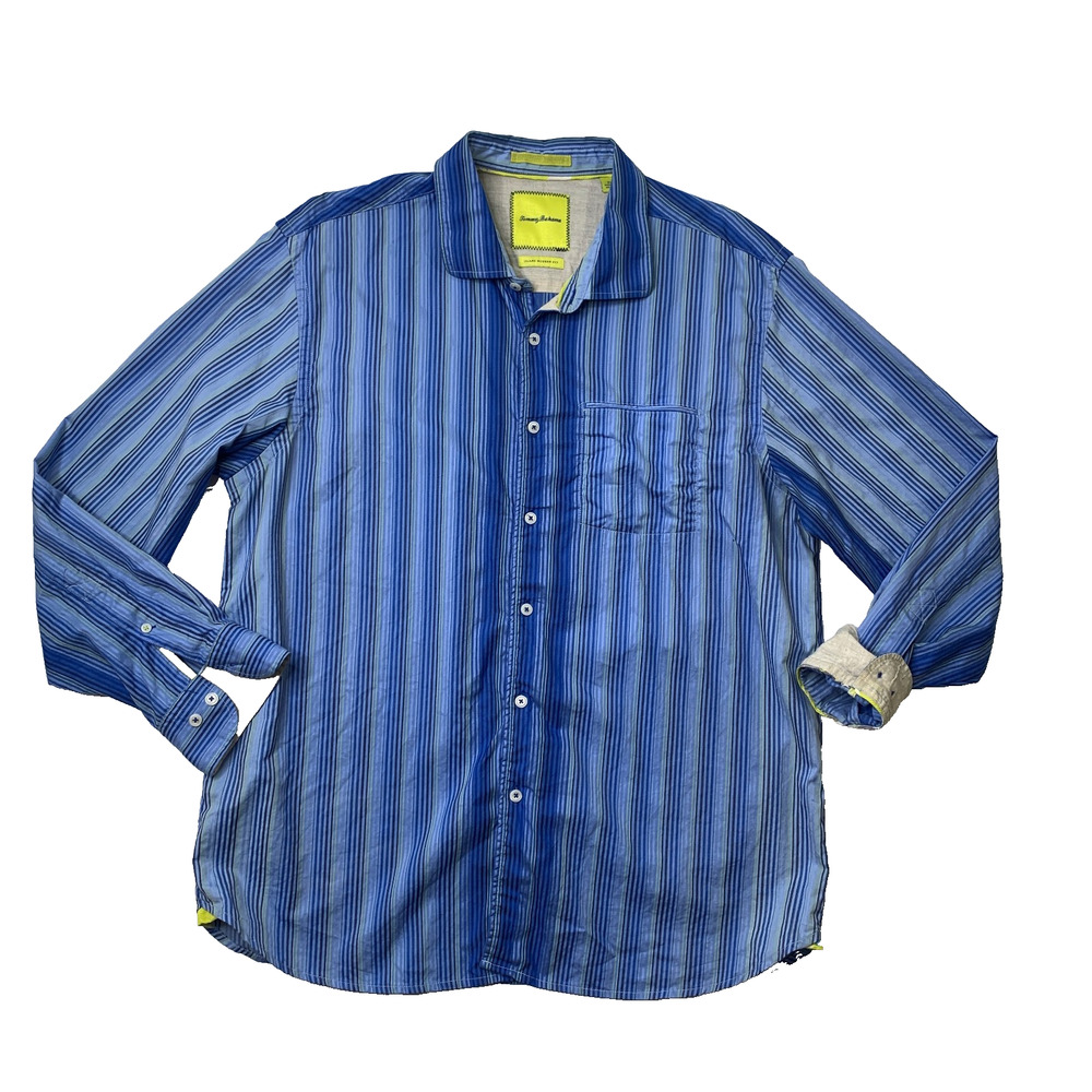 Tommy Bahama Shirt Mens XL Blue Island Modern Fit Striped Flip Cuff Long Sleeve